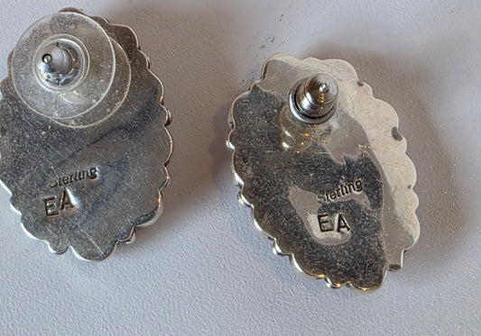 Vintage Navajo Coral & Sterling Silver Cluster Earrings – Signed "EA"