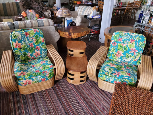 7-Piece, Mid Century Paul Frankl-style furniture -- Six-strand stacked rattan (Pretzel)