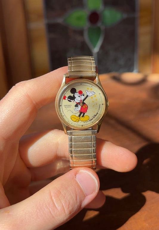 Vintage 90s Kawaii Mickey Mouse Seiko Watch, Rare Candy Cane Hands, Disney Collector’s Item