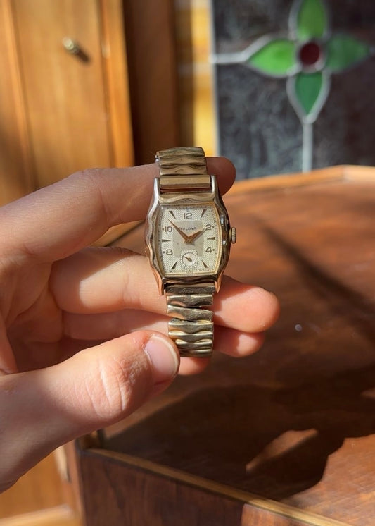 Vintage 1950s Bulova Wind-Up Watch, Stunning Scalloped Case w/ Gold Fill