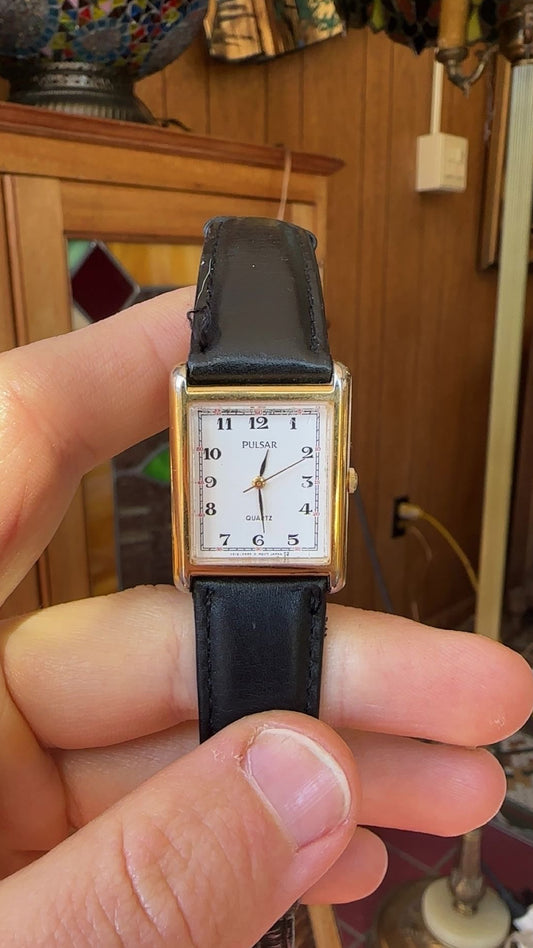 Vintage Pulsar by Seiko Quartz Dress Watch, Cartier-Inspired Gold-Tone Rectangular “Tank” Case V515-5260