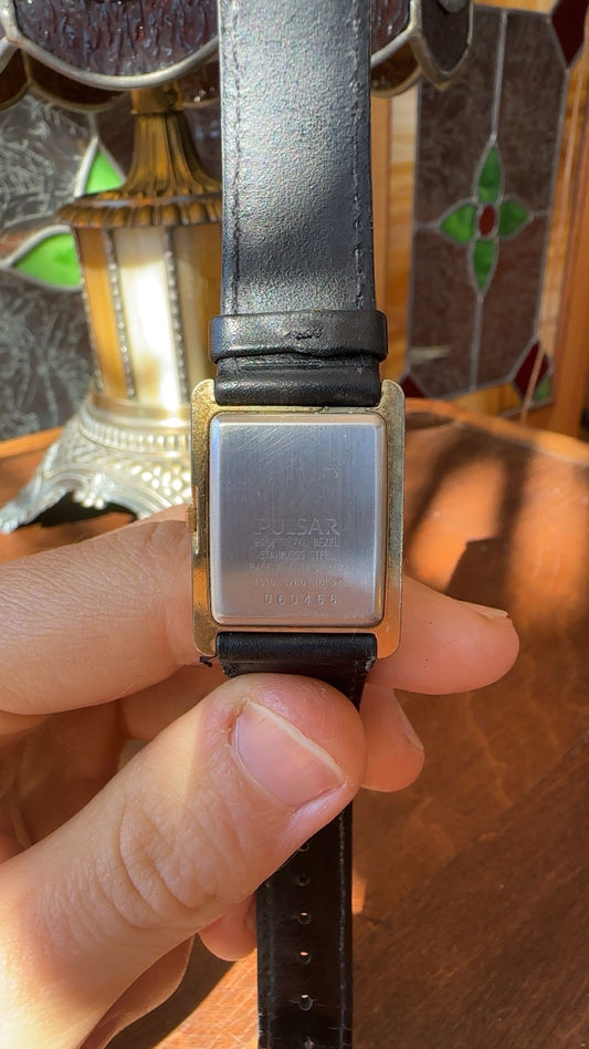 Vintage Pulsar by Seiko Quartz Dress Watch, Cartier-Inspired Gold-Tone Rectangular “Tank” Case V515-5260